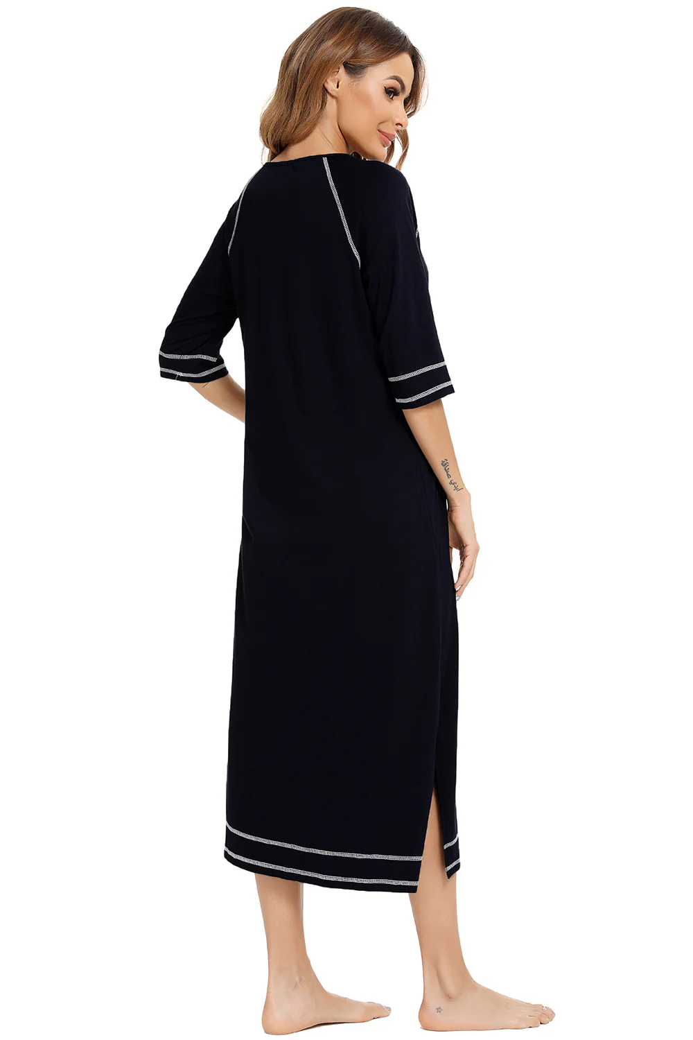 Zip Up Slit Round Neck Night Dress with Pockets - Image 27