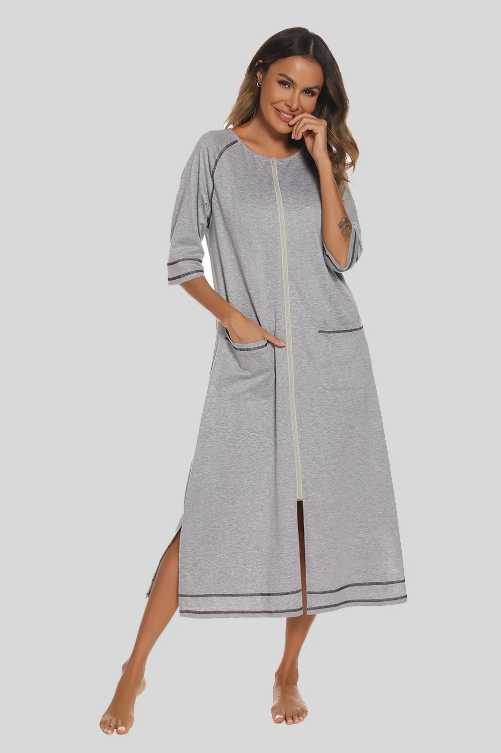 Zip Up Slit Round Neck Night Dress with Pockets - Image 4